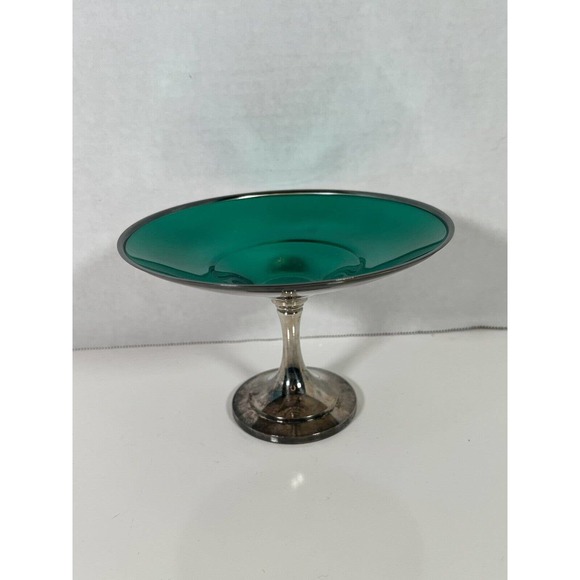 ONEIDA SILVERSMITHS COMPOTE Candy Dish Mid Century Green Liner MCM - Picture 1 of 5